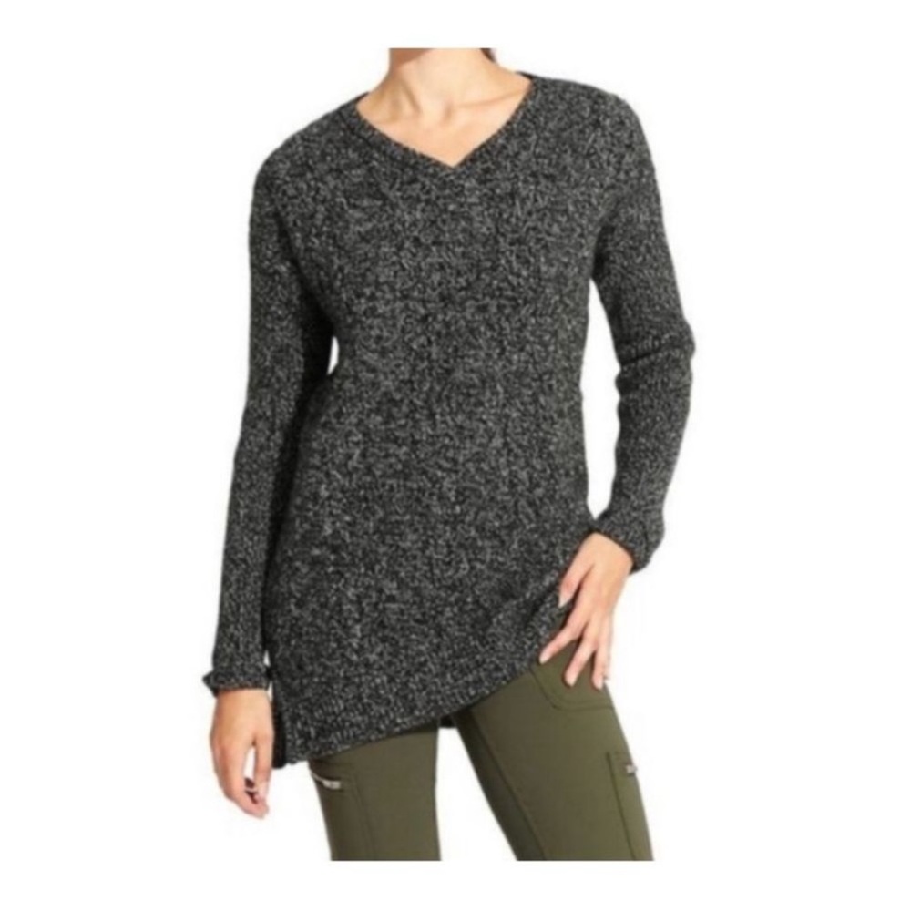 Athleta cable knit sweater xl black wool cashmere chunky side zip asymmetric